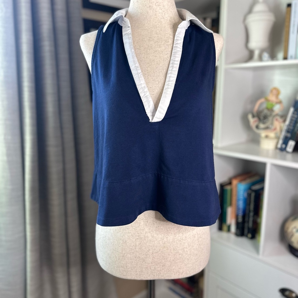 Maeve by Anthropologie Deep Blue V-Neck Blouse with Crisp White Trim